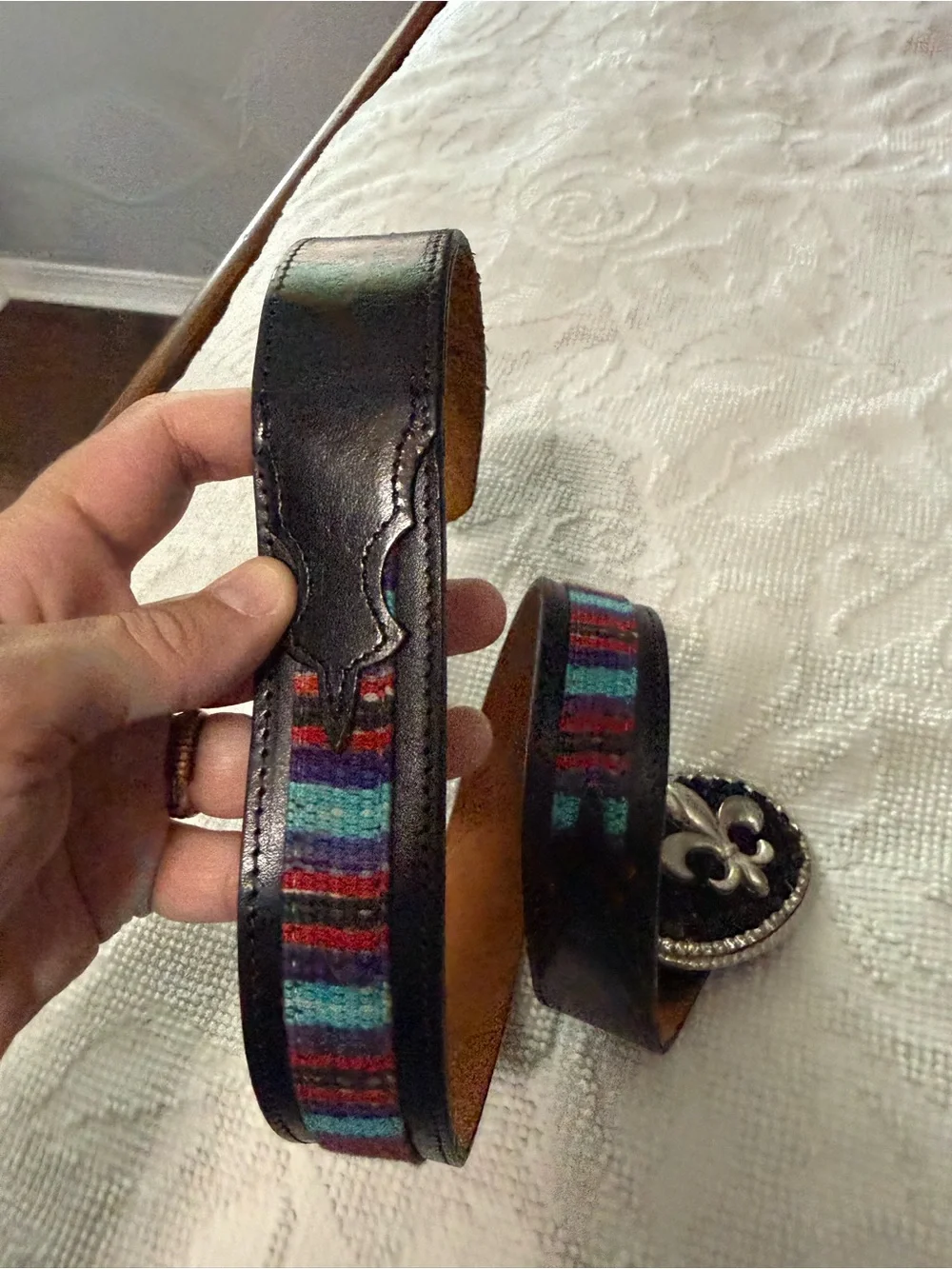 Western Top Grain Bridle Leather‎ Belt Fleur De Lis Rhinestone Buckle Black 34